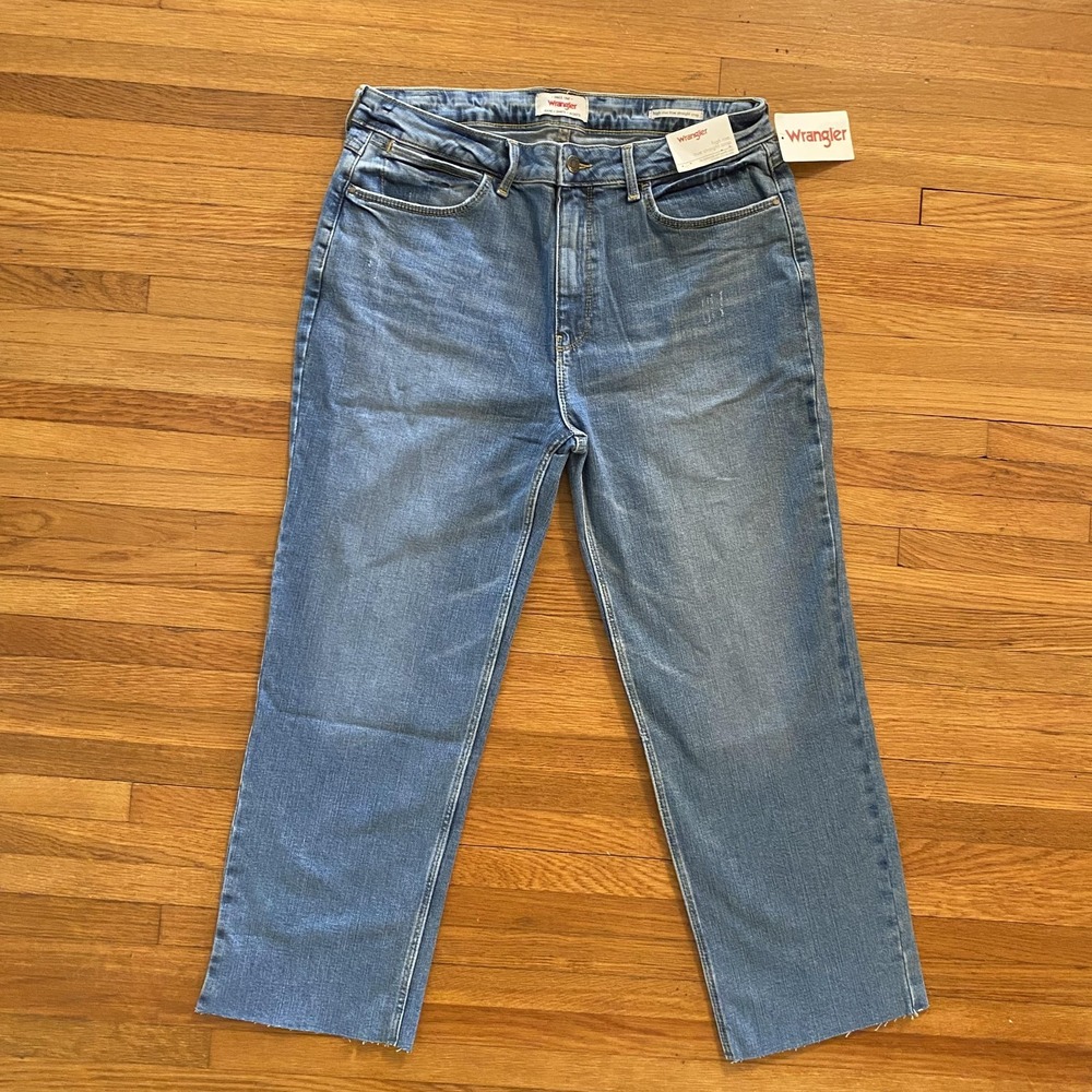 Wrangler Jeans Womens 12 Blue High Rise True Straight Crop Raw Hem Stretch Denim